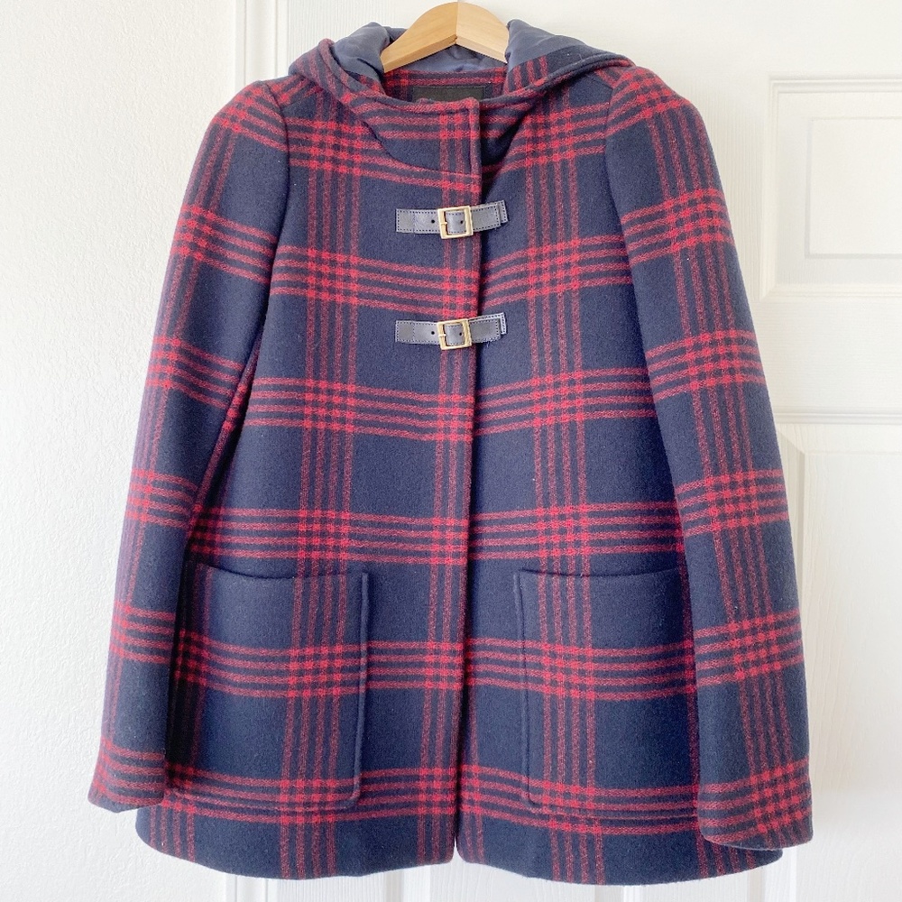 MAJE Plaid Hooded Wool A Line Coat Jacket Cotton Blue Red Tartan 36 EUR S US 4